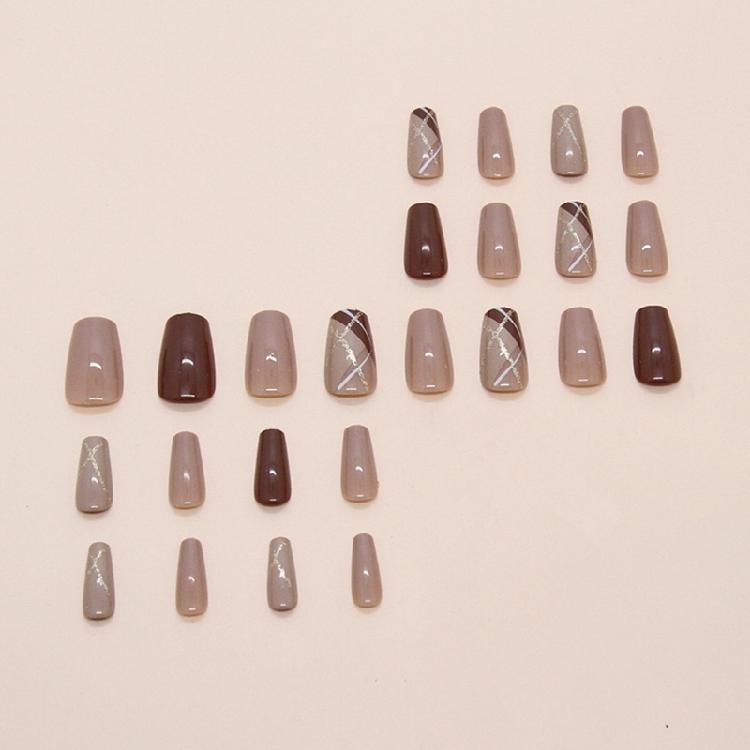 24 Pcs Grid Stick On Nail Glossy False Nail Ballerinas Press On Nail Glittering Artificial Acrylic Nail