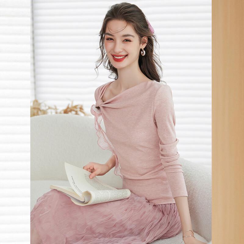 Bailuyu Women's Irregular Neck Long Sleeve T-Shirt with Detachable Flower
