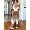Travel essentials printed two-piece set, vintage elegance V-neck top, loose hierarchy wide-leg pants, vacation style