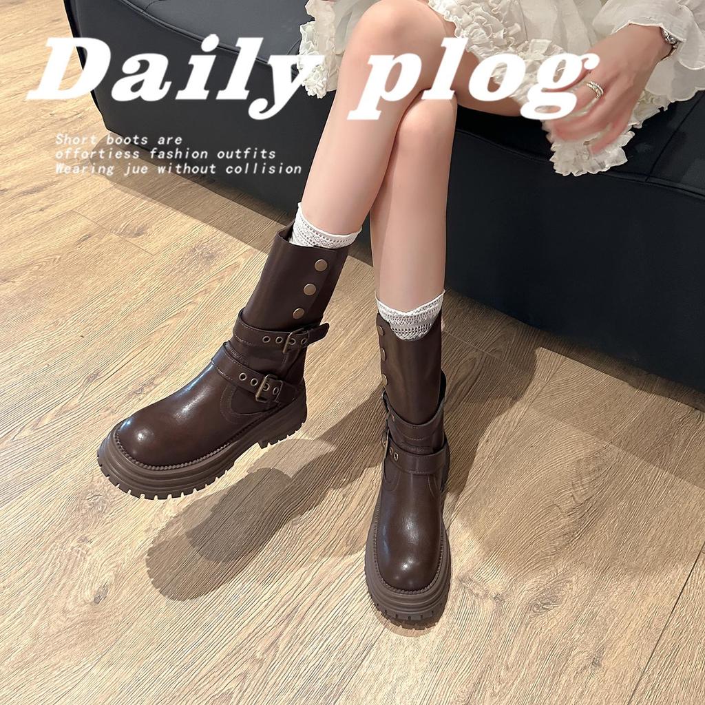 Genuine Leather Fold-over Melaude Martin Women's Height-increasing Mid-calf Boots 2025