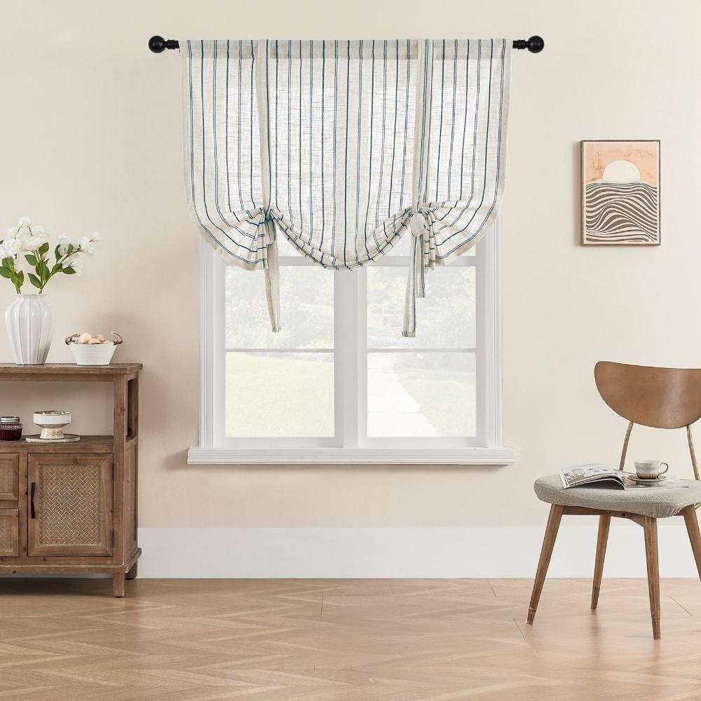 1 Stuk, Natuurlijk Linnenmix Strik-up Ballon Tule Gordijnen met Blauwe Verticale Strepen Hefbare Laag Romeinse Gordijnen voor Klein Raam 1Piece W140 x H100CM&Rod Pocket
