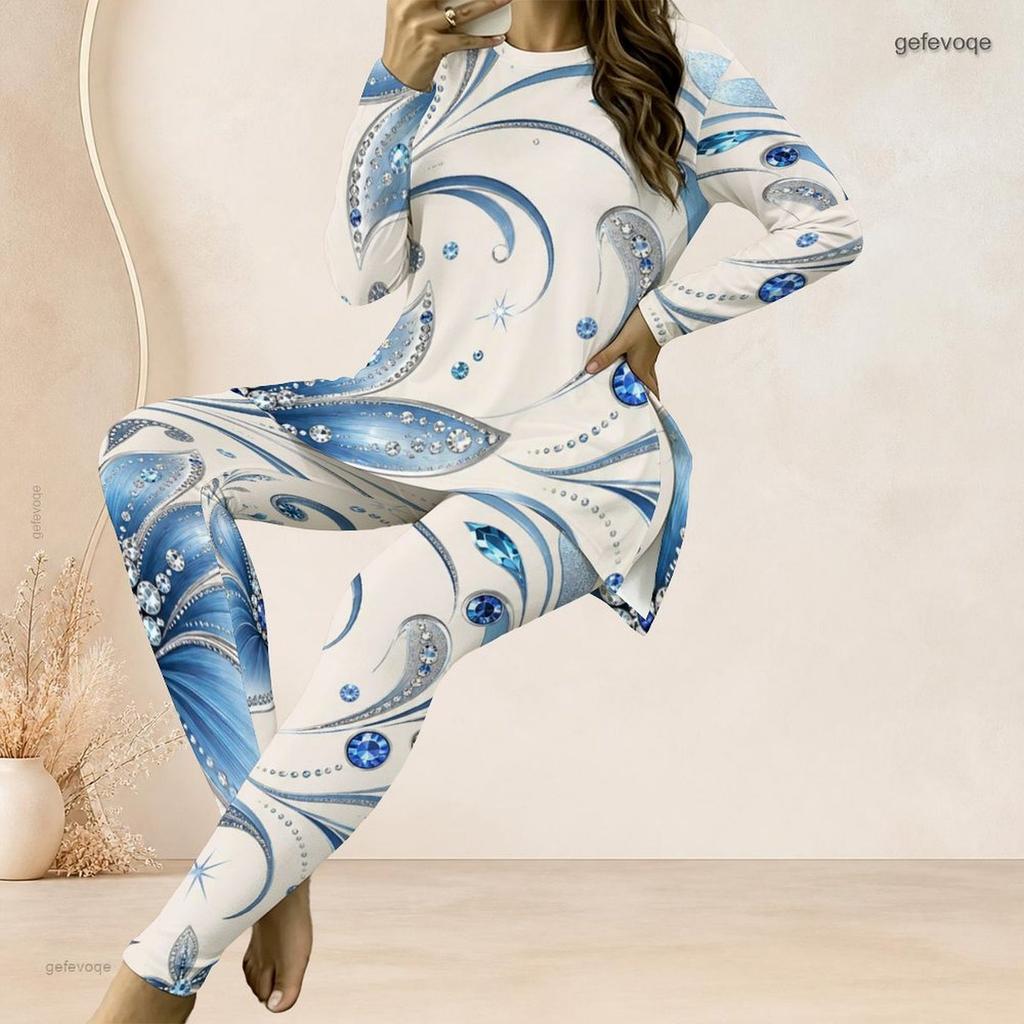 Women Plus Size Round Neck Long Sleeve Printed Longline Top Fitted Pants Two Piece Set Blue White