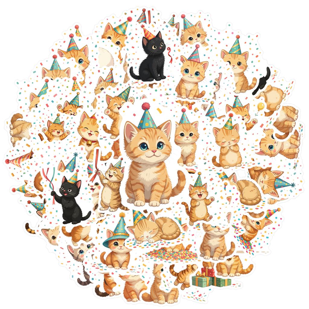 35-70pcs Adorable Birthday Cat Stickers With Party Elements Meme Graffiti Sticker Phone Guitar Laptop Notebook Waterproof Decals