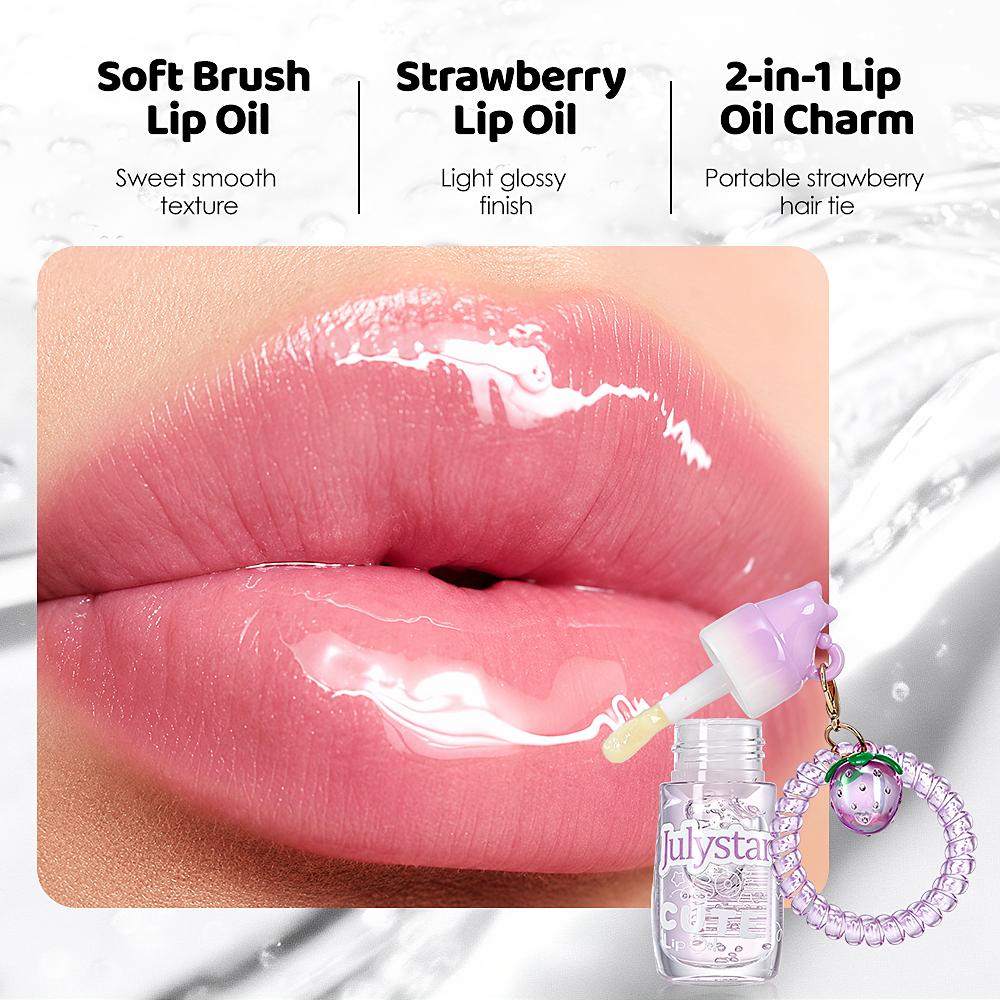 Julystar Cute Strawberry Keychain Lip Oil Moisturizing Clear Glossy Lip Plumper Fruit Flavor Lip Care Lip Gloss with Phone Cord Hair Tie Bag Pendant
