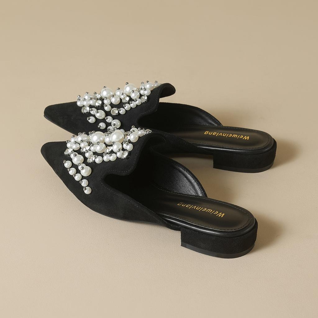 Baotou Half Slippers, Women Wear Pearl Shoes, Lazy People Pedal Cold Slippers