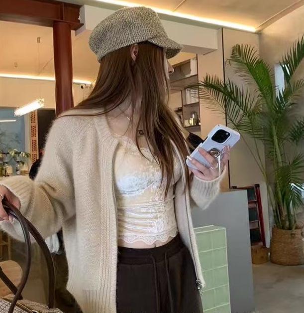2025 Autumn Winter Pure Wool Double Zipper Women's Round Neck Fluffy Loose Knit Sweater