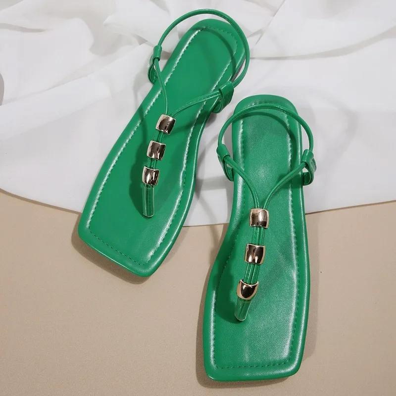 New for Women Beach Street Flip Flops Flat Shoes 2025 Summer Women's Sandals Bottomed Square Toe Beaded Sandals Zapatos De Mujer