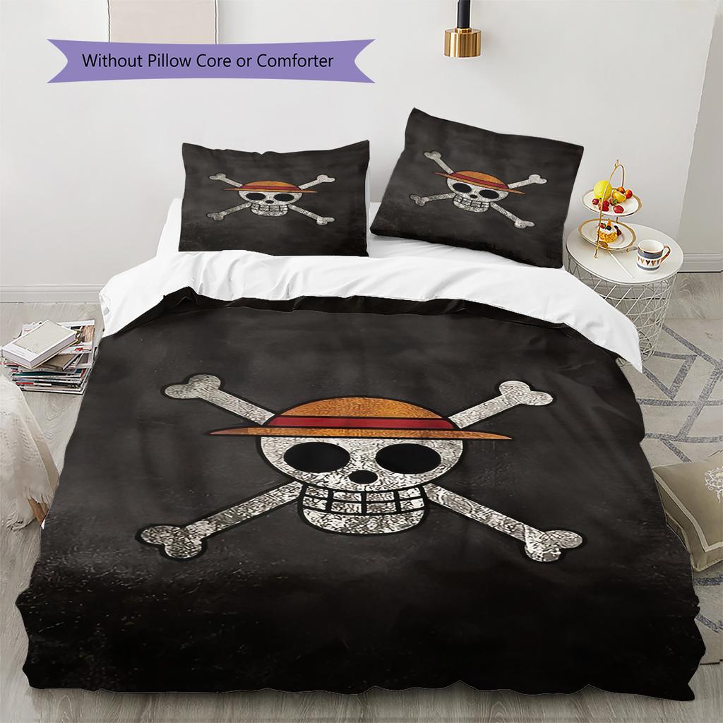 One Piece Straw Hat Pirates Pattern Bedding Quilt Set Quilt Cover Pillowcase Home Birthday Gift(1 * Duvet Cover + 2 * Pillowcase, Without Core)