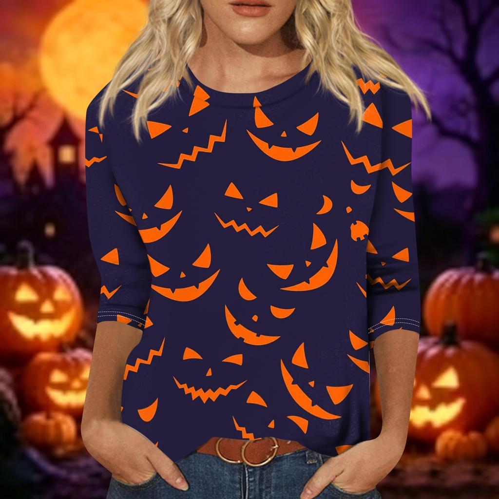 Women's Casual 3/4 Sleeve Crew Neck Top Halloween Themed Print Lightweight Pullover Blouse for Everyday Wear