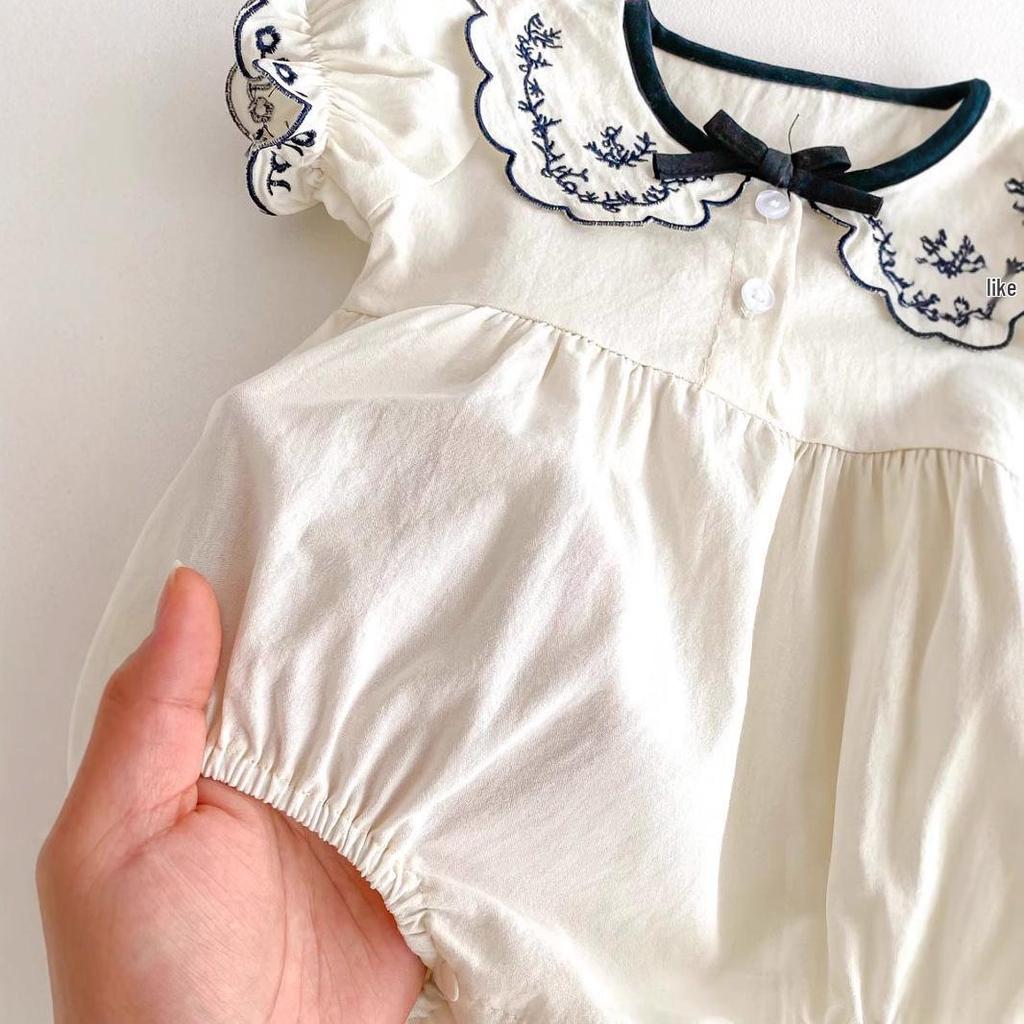 Embroidered Summer Romper with Turn-Down Collar and Bow for Newborn Girls