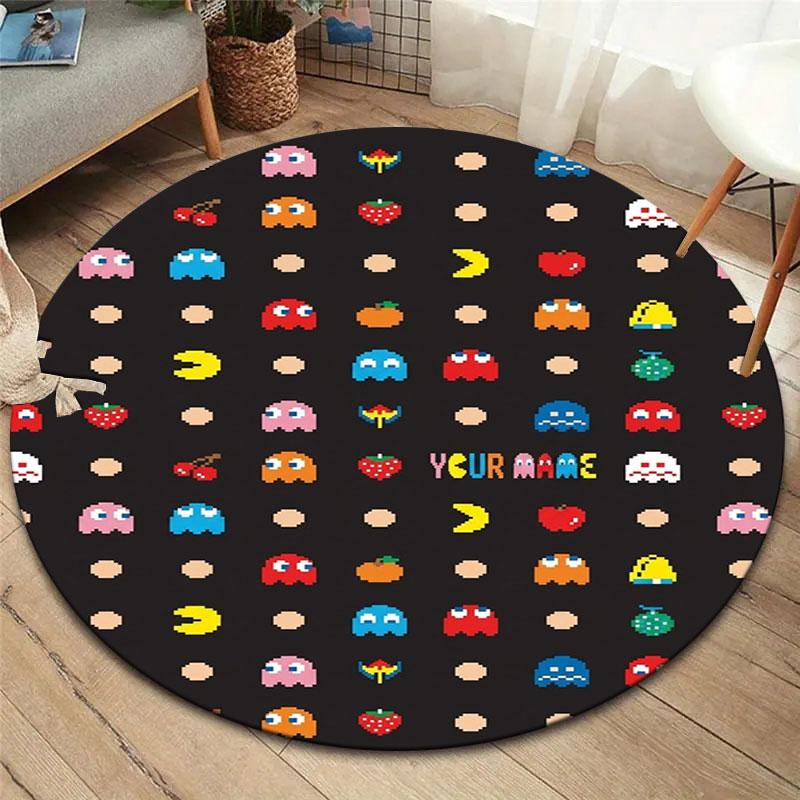 Pac-Man Custom Name Round Area Rug,Carpet Rug for Living Room Bedroom Sofa Playroom Decor,Non-slip Floor Mat