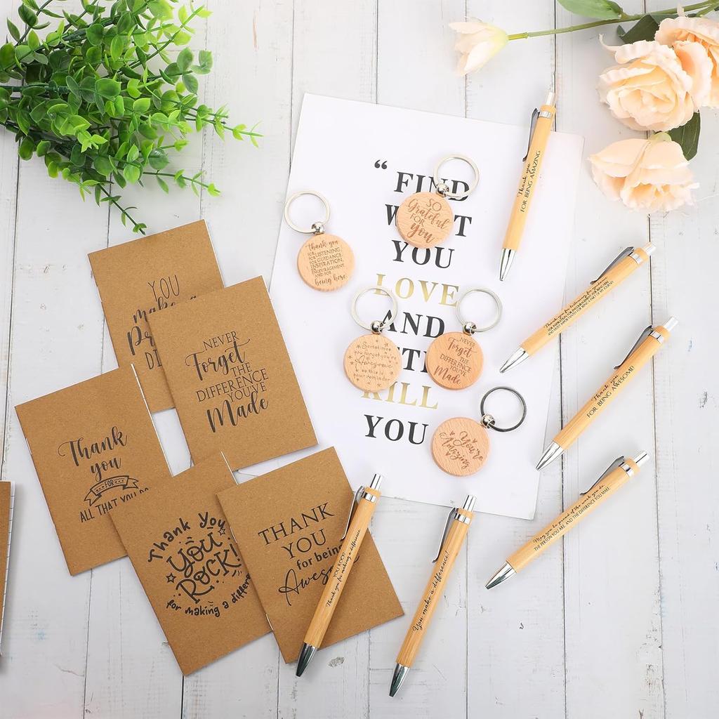 Tinlade 60 Pcs Thank You Gift Bulk Pocket Kraft Notebook Valentines Employee Appreciation Gift Retractable Bamboo Pen Inspirational Keychain for Team