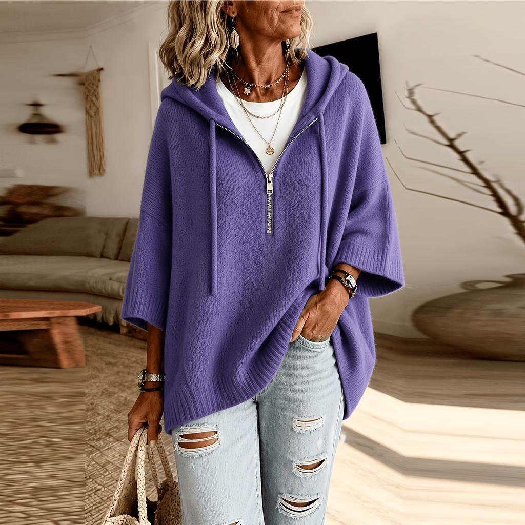 Women's Color Knit Hoodie with Drawstring Hood Pullover