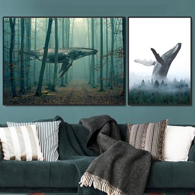 Balenă abstractă înotând în pădure Poster tipărit nordic copaci peisaj de primăvară imagine artă pictură pe pânză decor creativ pentru acasă