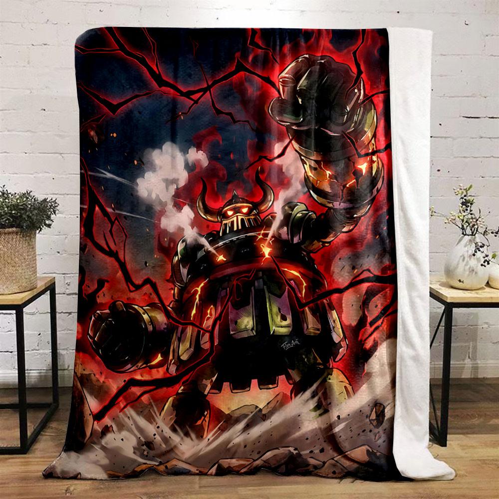 A fiery robotic figure surrounded by glowing cracks and red energy. for all seasons blanket lunch break throw gift