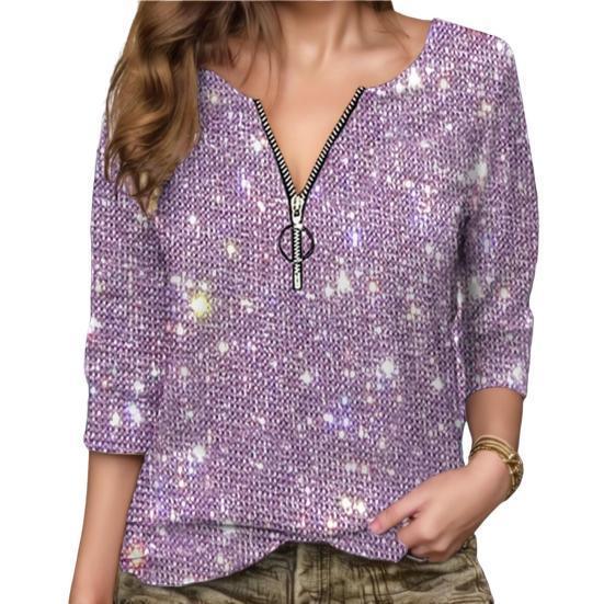 Damen-Shirt mit Rundhalsausschnitt, Reißverschluss, halbe Knopfleiste, Langarm-Pullover, glitzernde Pailletten, reguläre Passform