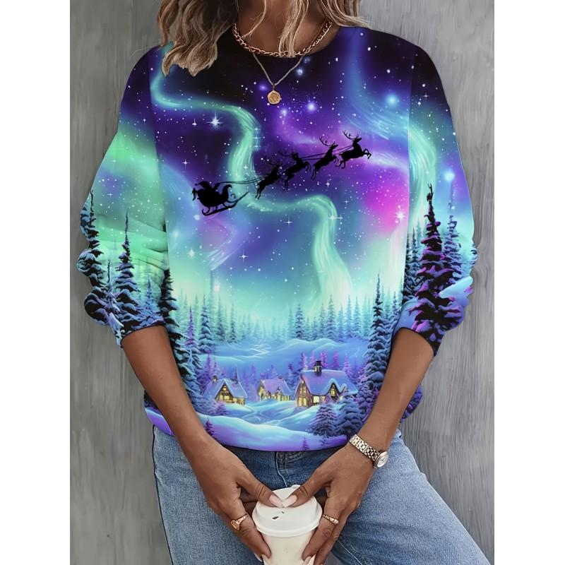 Womens Round Neck Pullover Sweatshirt With 3D Christmas Tree Print Casual Comfort Fit 2025