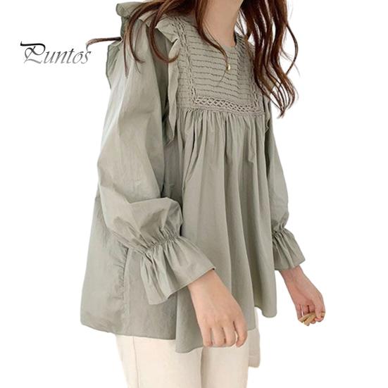 

Женская рубашка с круглым вырезом и длинным рукавом-фонариком, пуловер, однотонный свободный крой, оборка, плиссированная блузка, повседневная одежда M зелёный