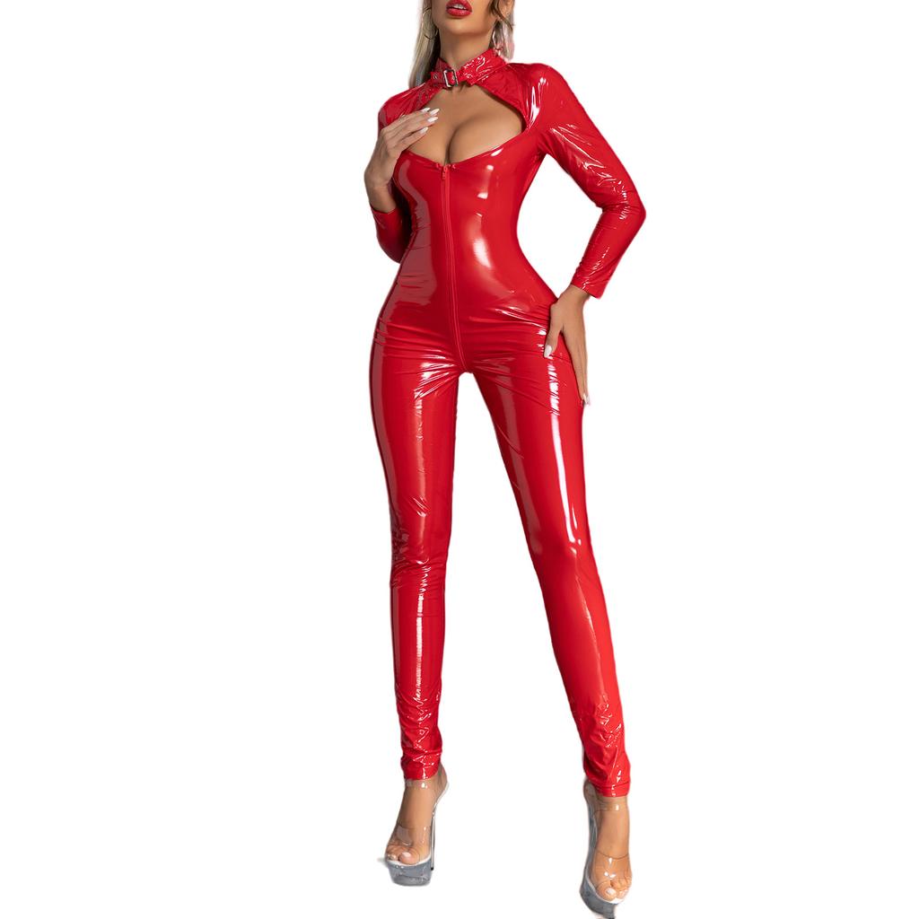 Womens Shiny Patent Leather Cut Out Bodysuit Zipper Crotch Nightclub Outfit