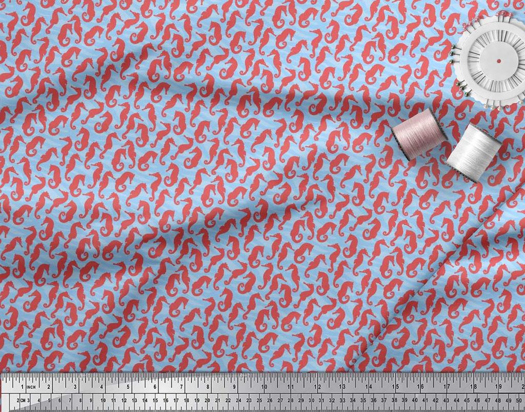 Soimoi Japan Crepe Satin Fabric Sea Horse Ocean Printed Craft Fabric by the metre 42 Inch