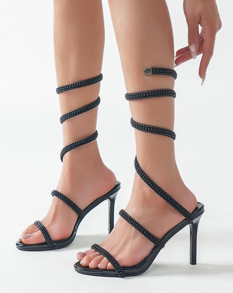 Mode Perle Schmalband Schlangenkordel Absatzsandalen Damen Sexy Offene Zehen Dünner Absatz Pantoletten Mode Runde Zehen Bankett Hochzeitsschuhe