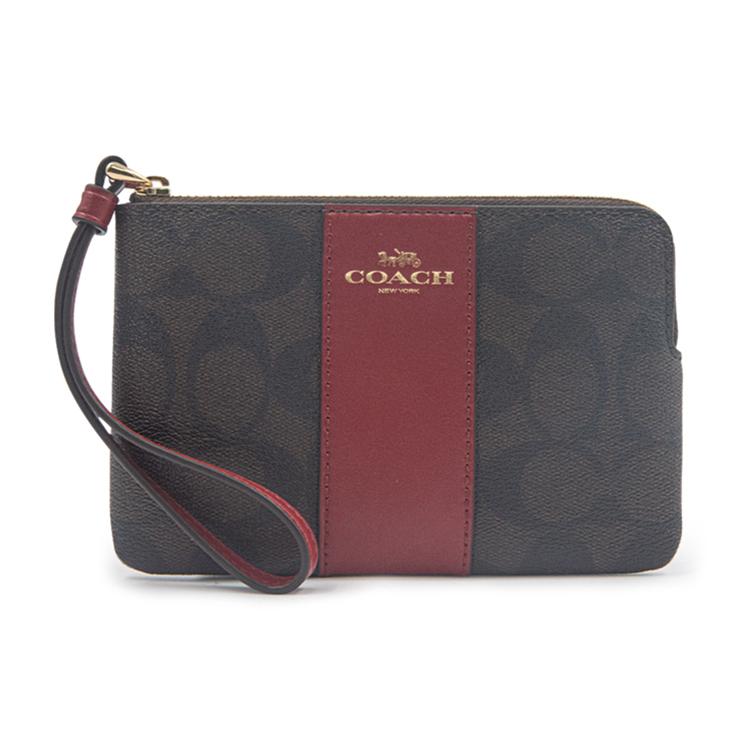 Coach Corner Zip Monogram Canvas With Leather Wrist Bag, Clutch, Coin Purse Womens Dark Brown Red