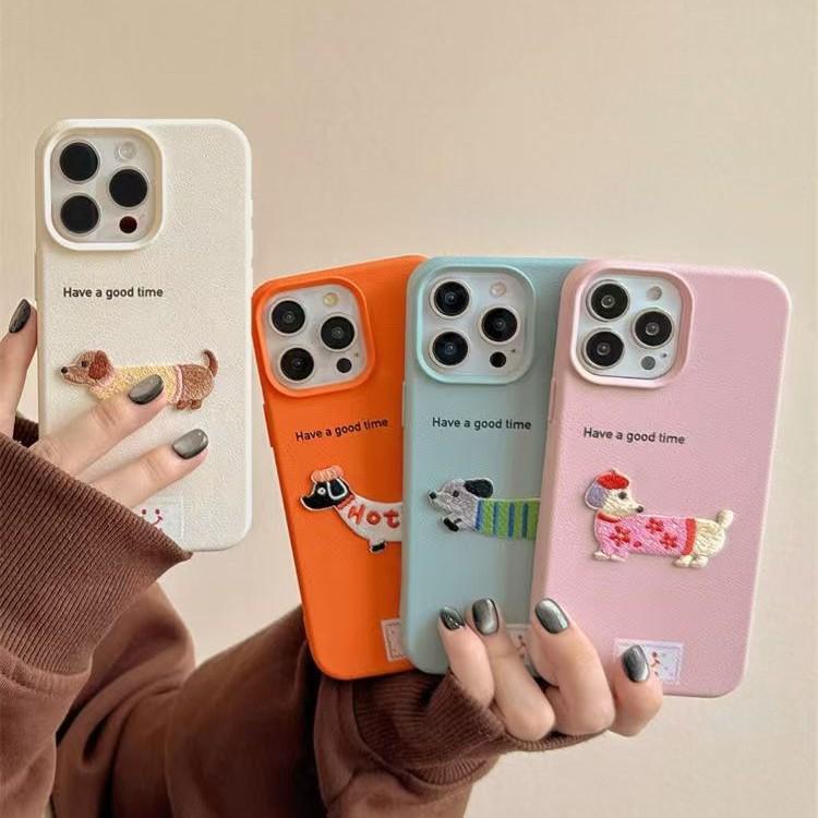 Leather Cartoon Embroidered Dachshund iPhone 15 Pro Max Apple 14 Phone Case 11 New 12 Soft 13 Pro