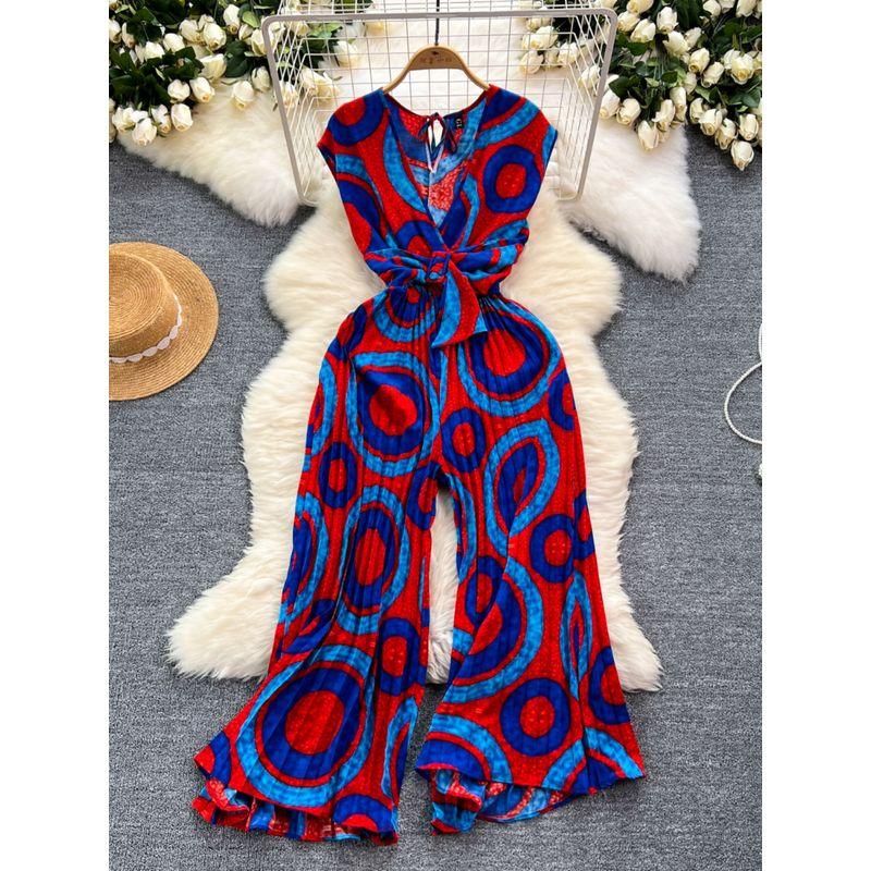 Holiday Ins Wear Women's Fashion Fancy Sleeveless V-neck Lace Up Waist Trimming Printing Loose Wide Leg Pleated Jumpsuit