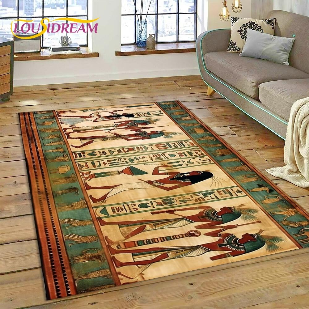 3D Pharaoh Hieroglyphic Egyptian Mythology HD Rug Carpet for Living Room Bedroom Home Decor,Non-slip Decoration for Sofa Doormat