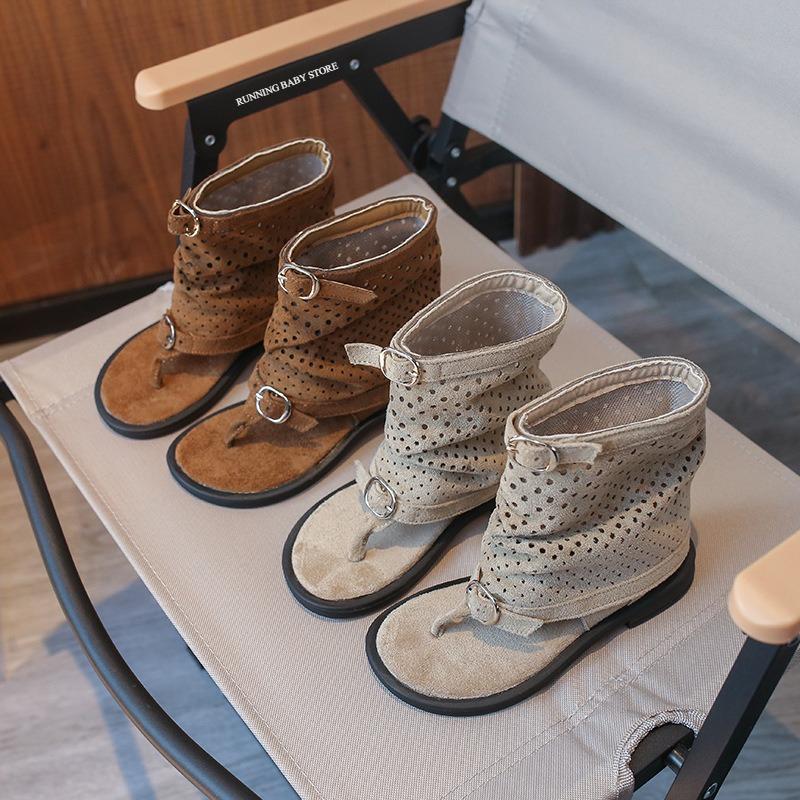 Children Clothing Yulin-001 Girls Apricot Ankle-Strap Summer Slouchy Boots For Suede Leather High-Top Sandals Princess Cut-Outs Flip Flop Dress Shoes Child J03203 Cm