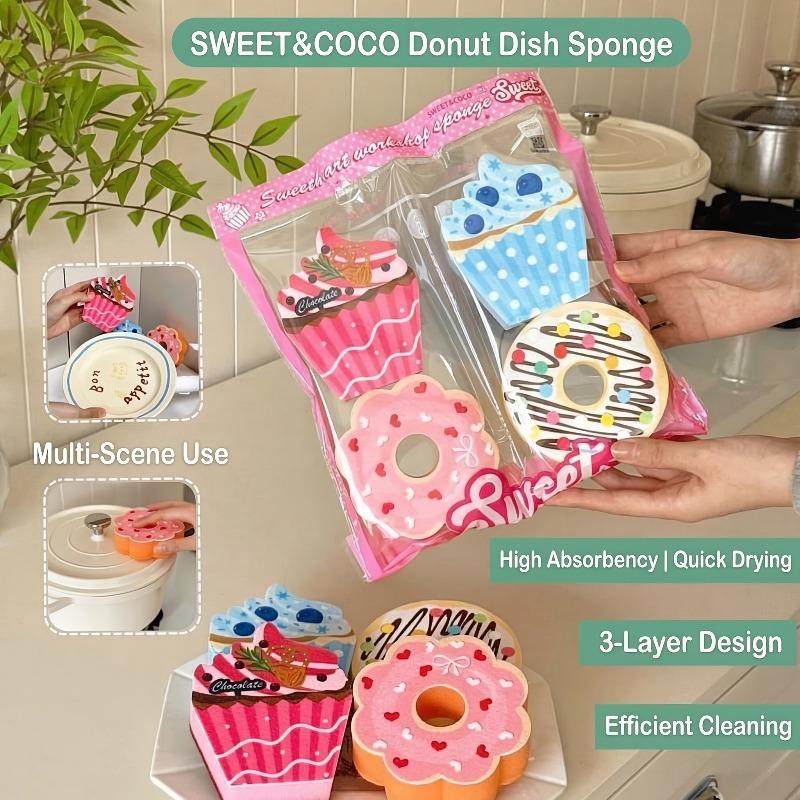 Donut-Shaped Dishwashing Sponges Produce Rich Foam, Are Soft And Delicate, Highly Absorbent, And Quickly Drain Water. 4pcs Per Pack, Easy to Clean