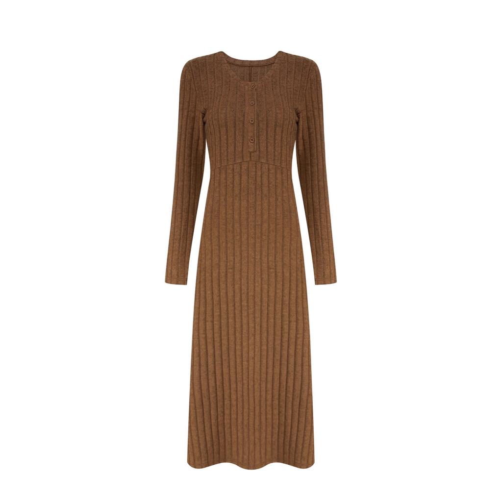 Independent station Europe, America, autumn and winter solid color pit strip dress simple temperament V-neck single-breasted dress long dress women