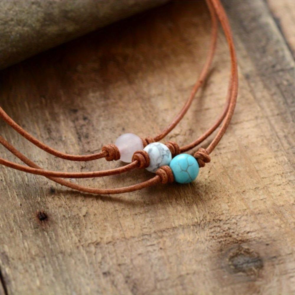 Bohemian Style Turquoise Bead Choker Necklace, Simple Vintage Retro Leather Cord Clavicle Chain