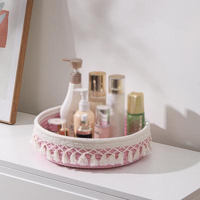 Handmade Cotton Rope Tassel Storage Tray - Round Desktop Organizer Basket