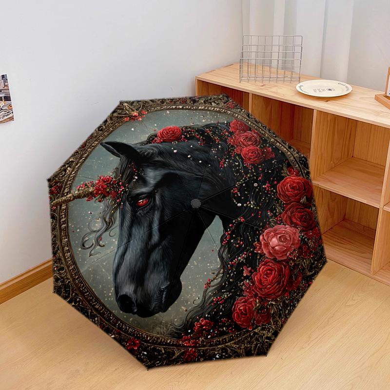 1 PC Automatic Folding Umbrella - Black Horse Pattern, Portable & Foldable Design with 8 Ribs, Christmas Birthday Gifts