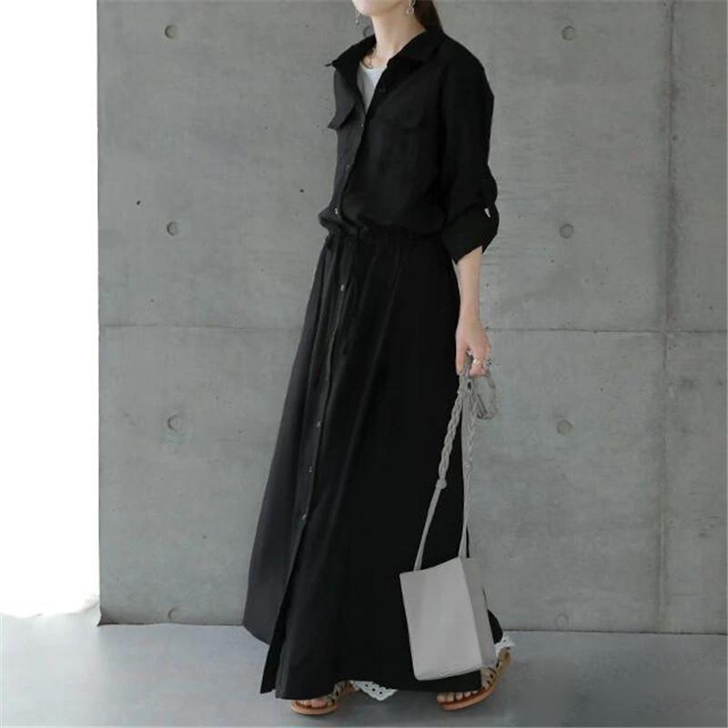 Women's Spring/Autumn Turn-Down Collar Maxi Shirt Dress - Long Sleeve, Solid Color, Casual