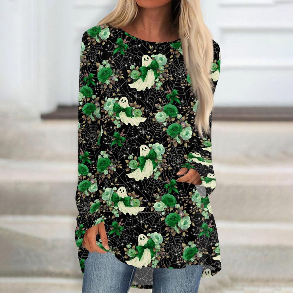 Women's Halloween Printed Long Sleeve Round Neck T-Shirt Mid-Length Casual Top