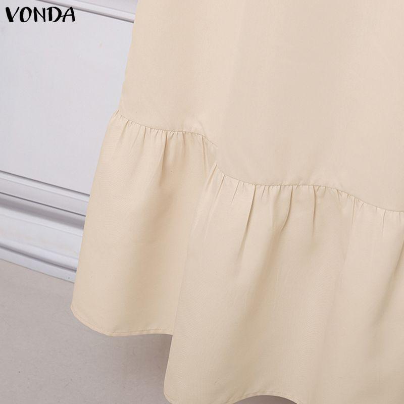 VONDA Women V Neck 3/4 Sleeve Casual Loose Drawstring Waist Maxi Rufffled Dress Robes