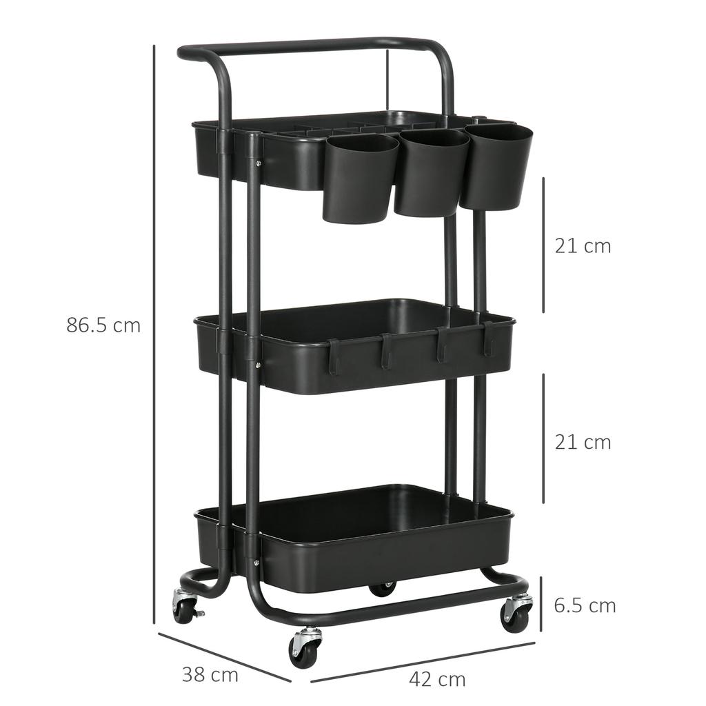 Three-Tier Home Trolley, with Handle and Wheels - Black