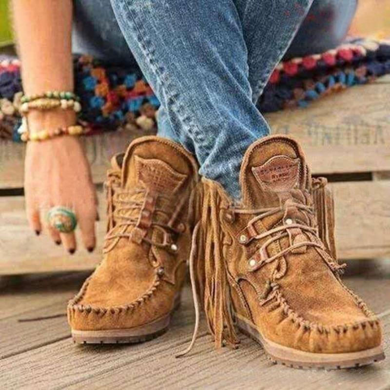Foreign Trade Large Size Fringed Western Denim Style Medium Tube High-top Women's Boots Autumn and Winter New Flat Bottom Round Head Women's Shoes