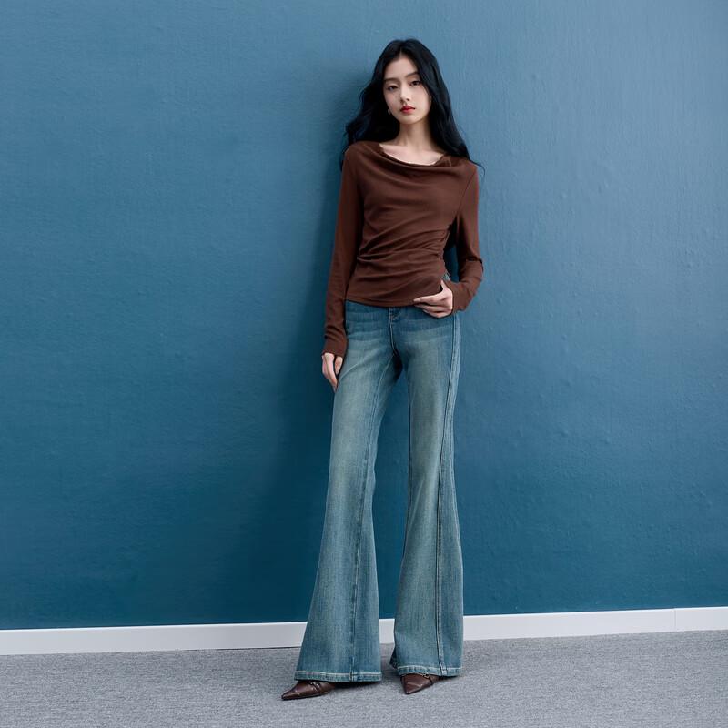 Sancai 2025 Autumn Retro High-Waist Washed Micro-Flare Jeans