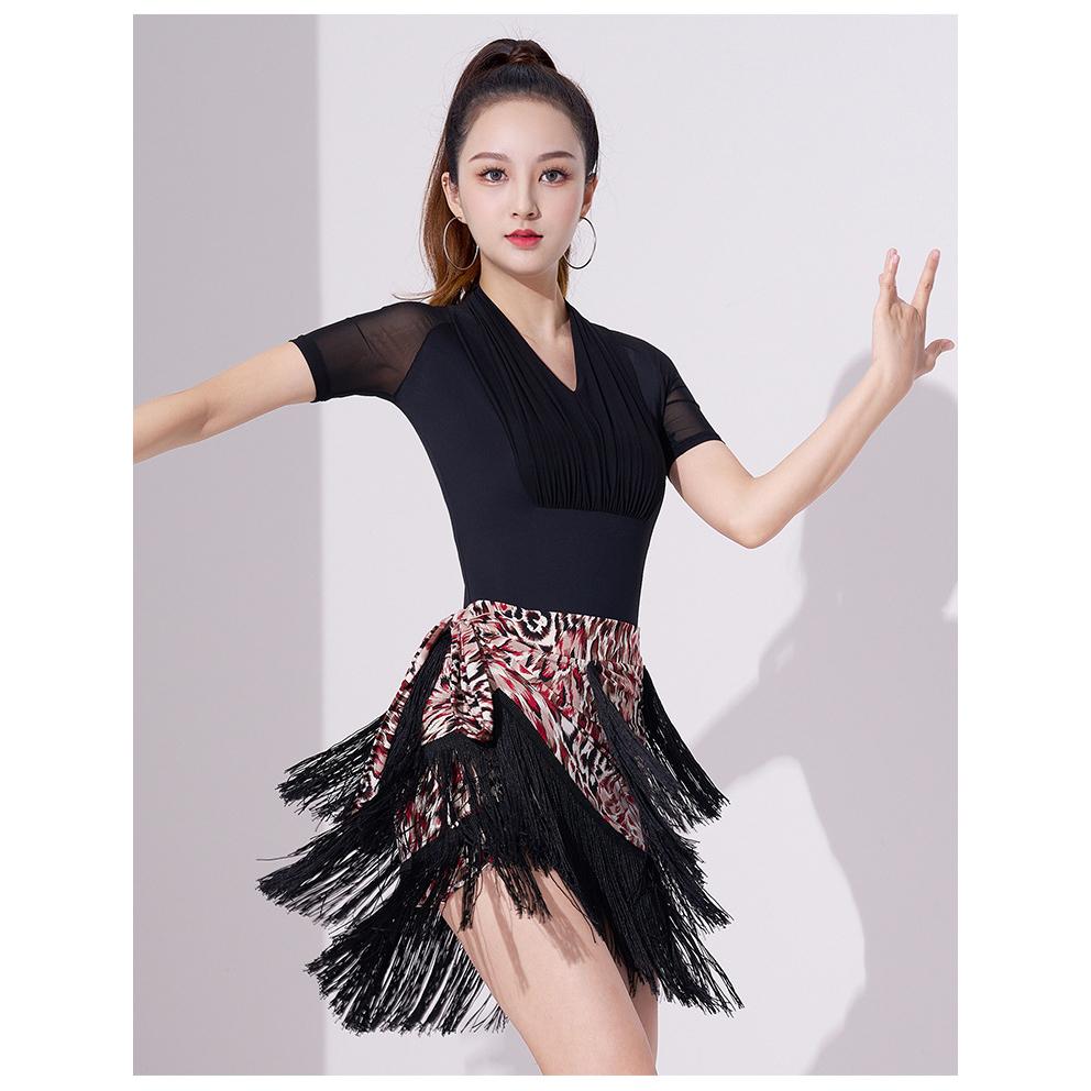 Women Latin Dance Dress Training Suit Short Skirt Sexy Tassel Three-Layer Fringe Dance Costume Training Suit Short Skirt Black