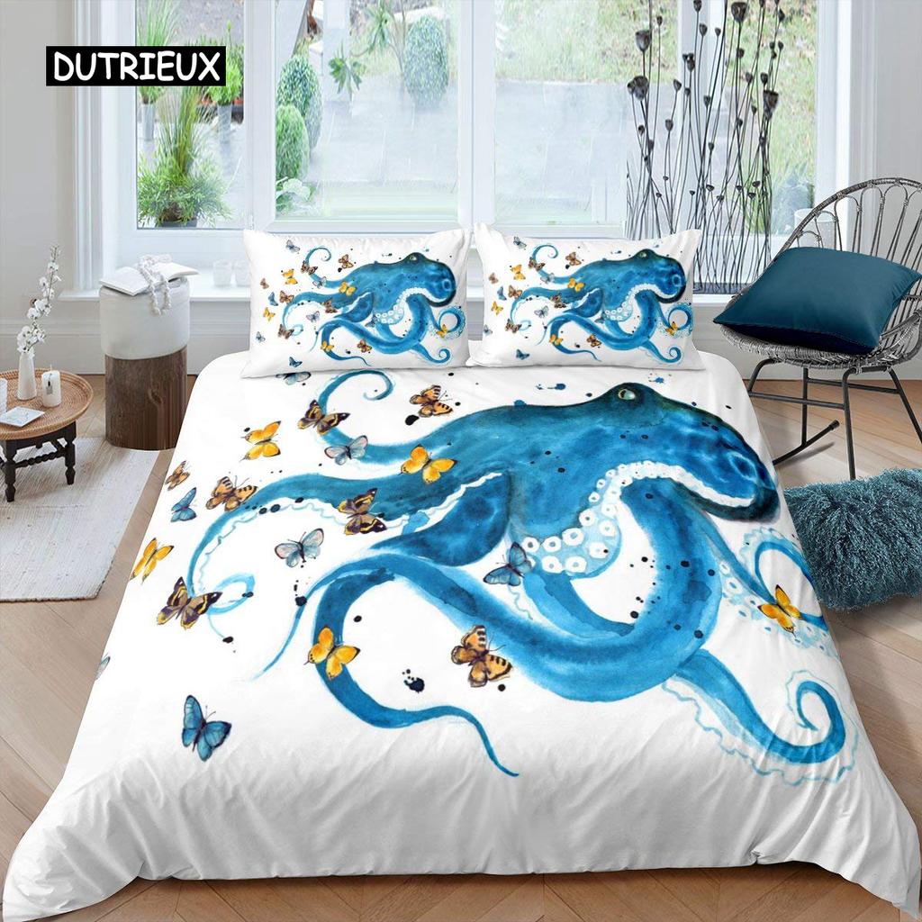 Octopus Duvet Cover Set Microfiber Green Octopus Tentacles Twin Bedding Set Sea Marine Theme Underwater Animal Comforter Cover