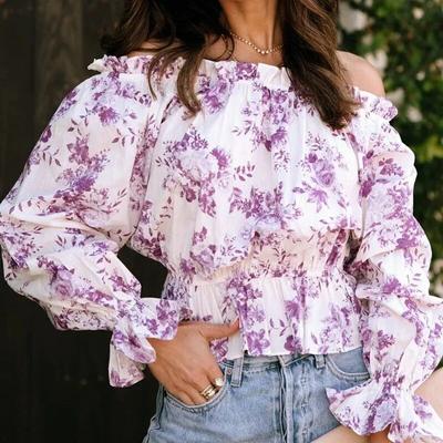 Dámské topy s dlouhým rukávem Volné oblečení Casaul Košile s výstřihem přes rameno Podzimní blůza Blusas se sladkým květinovým potiskem 29596