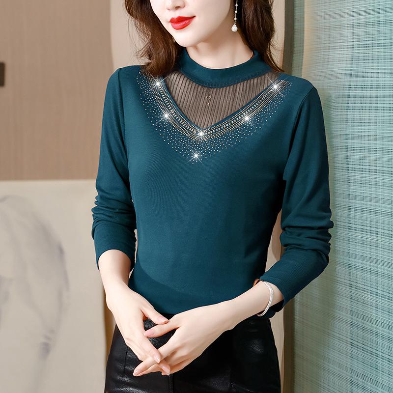 2023 Autumn/Winter Slim Half-High Collar Shirt with Stylish Hot Diamond Detailing