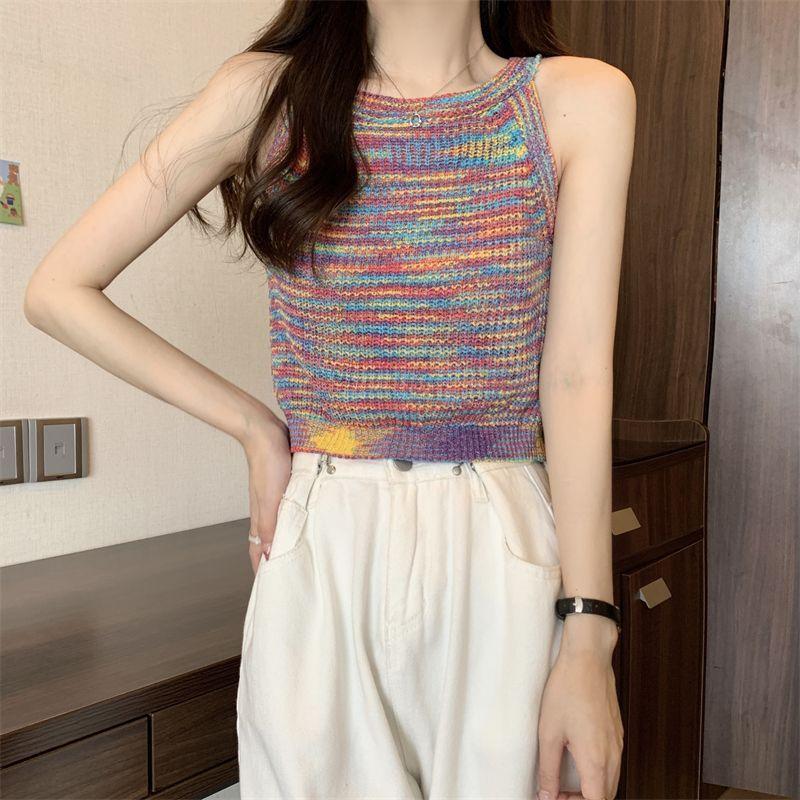 Summer Women's Rainbow Striped Knitted Camisole Sleeveless Short Bottoming Shirt Top Vest for Women