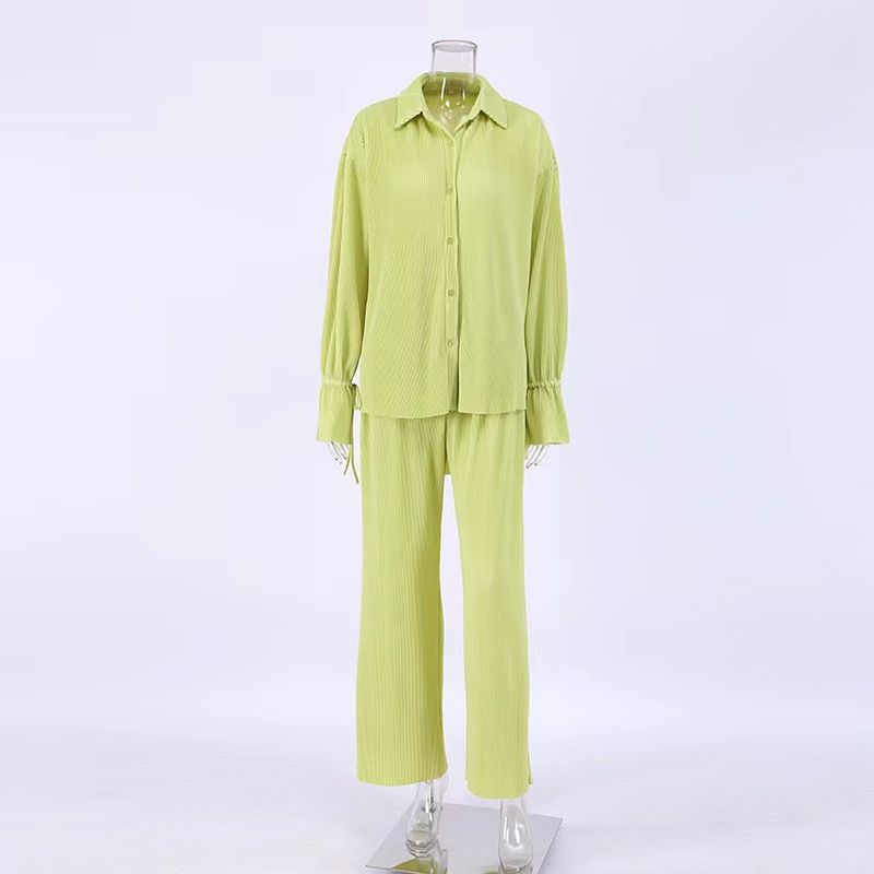 

New New Fashion Casual Suit Pleated Loose Shirt Pants Two-piece Set Shirt Long Pants Set Green L