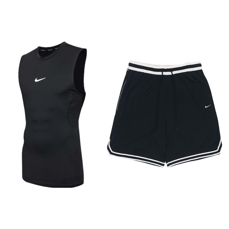 

Nike Футболка без рукавов с принтом логотипа, полосатые шорты со средней посадкой и завязкой на талии, повседневный спортивный комплект, мужские комплекты, черный цвет FB7915-010+DH7161-010 S