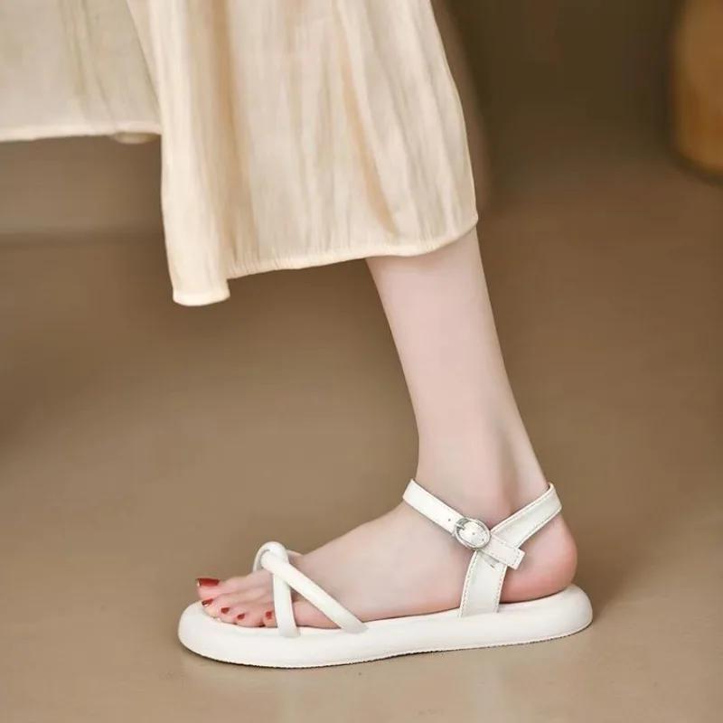 Fashion Ladies Shoes Outdoor Summer 2024 One Word Beach Open Toe Sandals for Women Flat Rubber Footwear Buckles No Heel Chic and Elegant