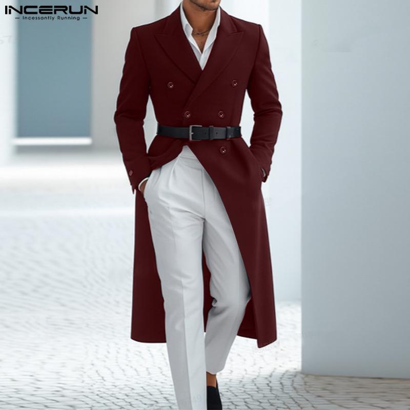 INCERUN Winter Autumn Men Double-breasted Long Sleeve Thin Woolen Long Overcoat Coats